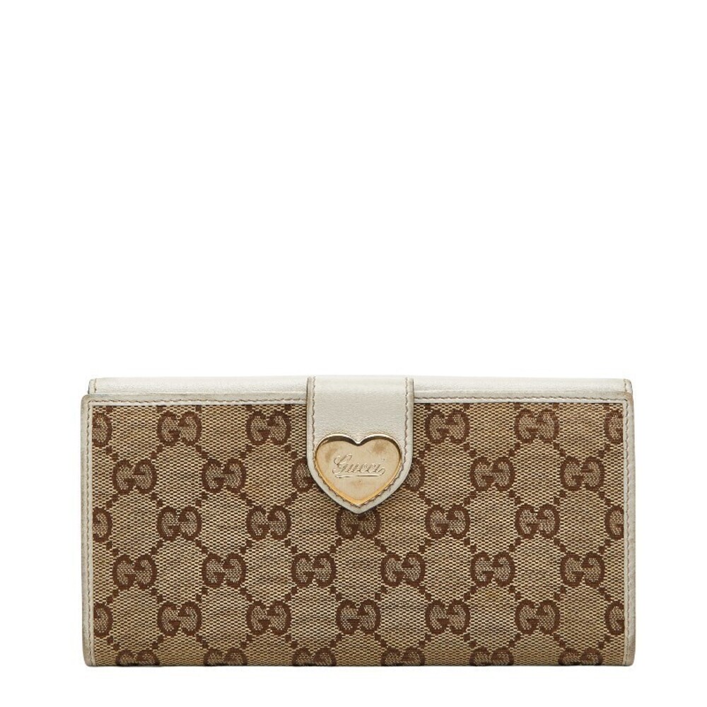 Gucci GG Canvas Heart Long Wallet Beige Cream White Leather